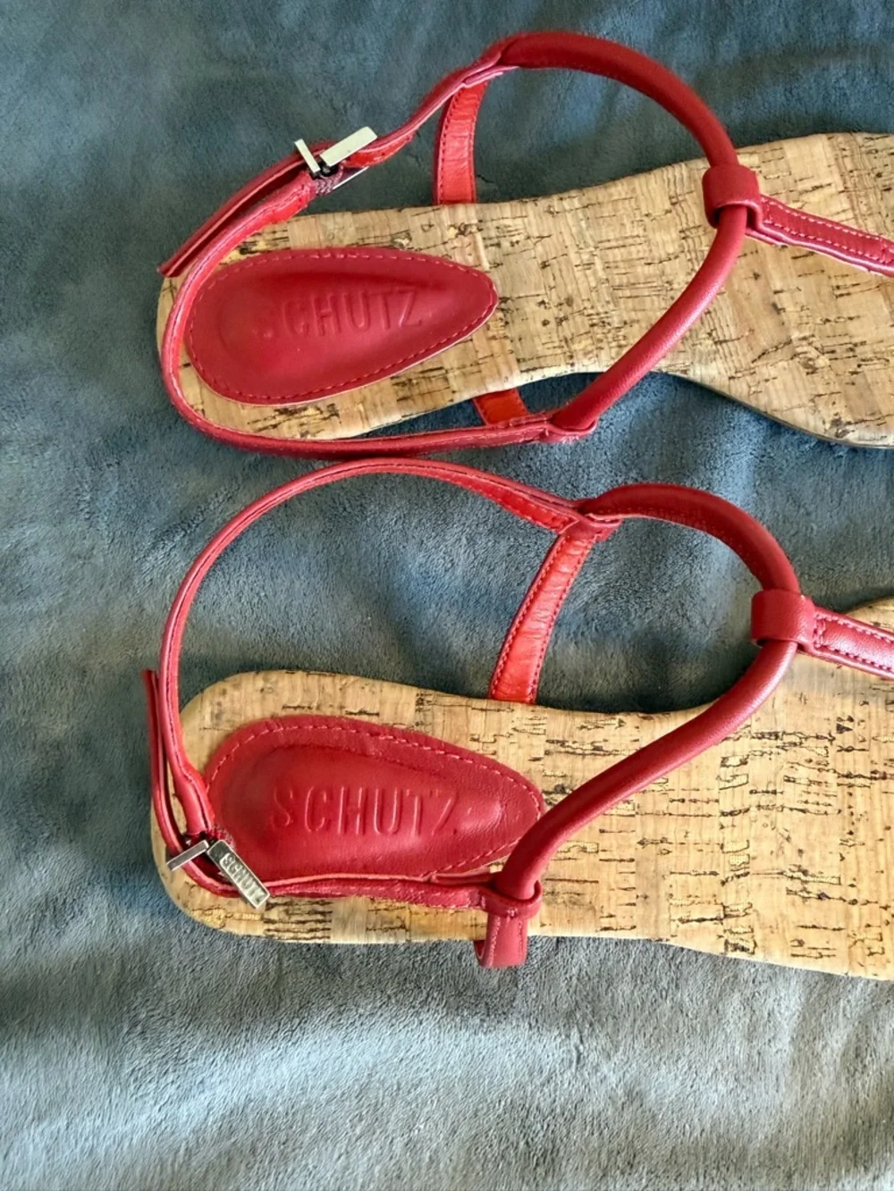 SCHUTZ Esha T-Strap Leather Cork Sandals - Red